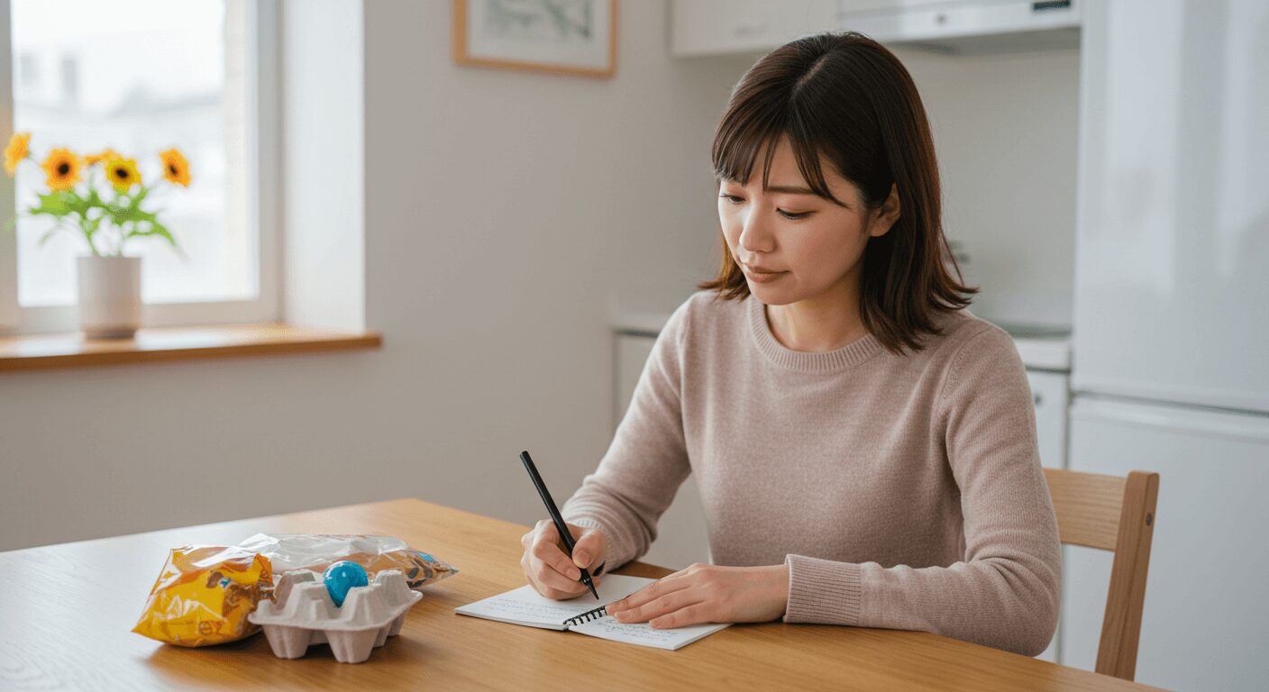 スマホで買い物リストを確認している女性