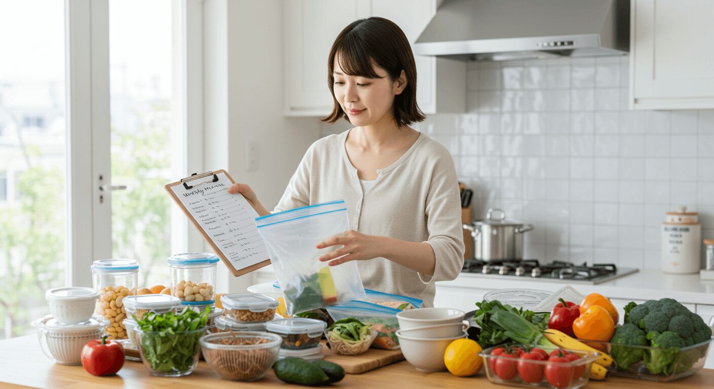 まとめ買いした食材を冷蔵庫にしまっている様子