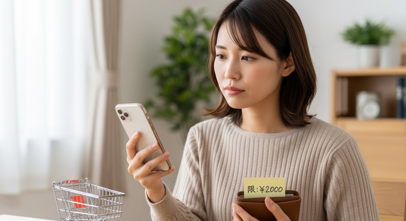 スマホでの衝動買いを控える女性の様子