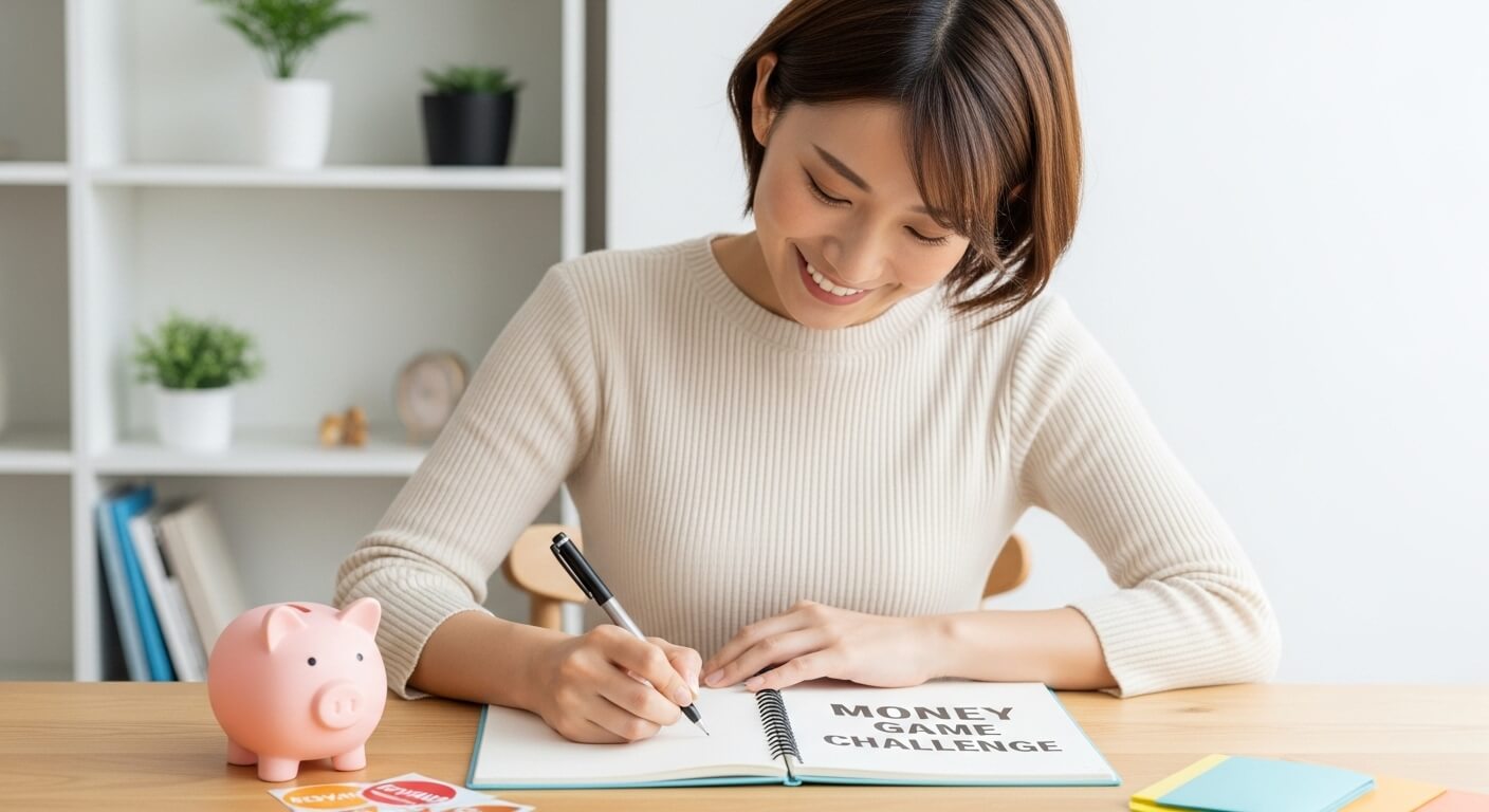 節約チャレンジに取り組む楽しそうな女性