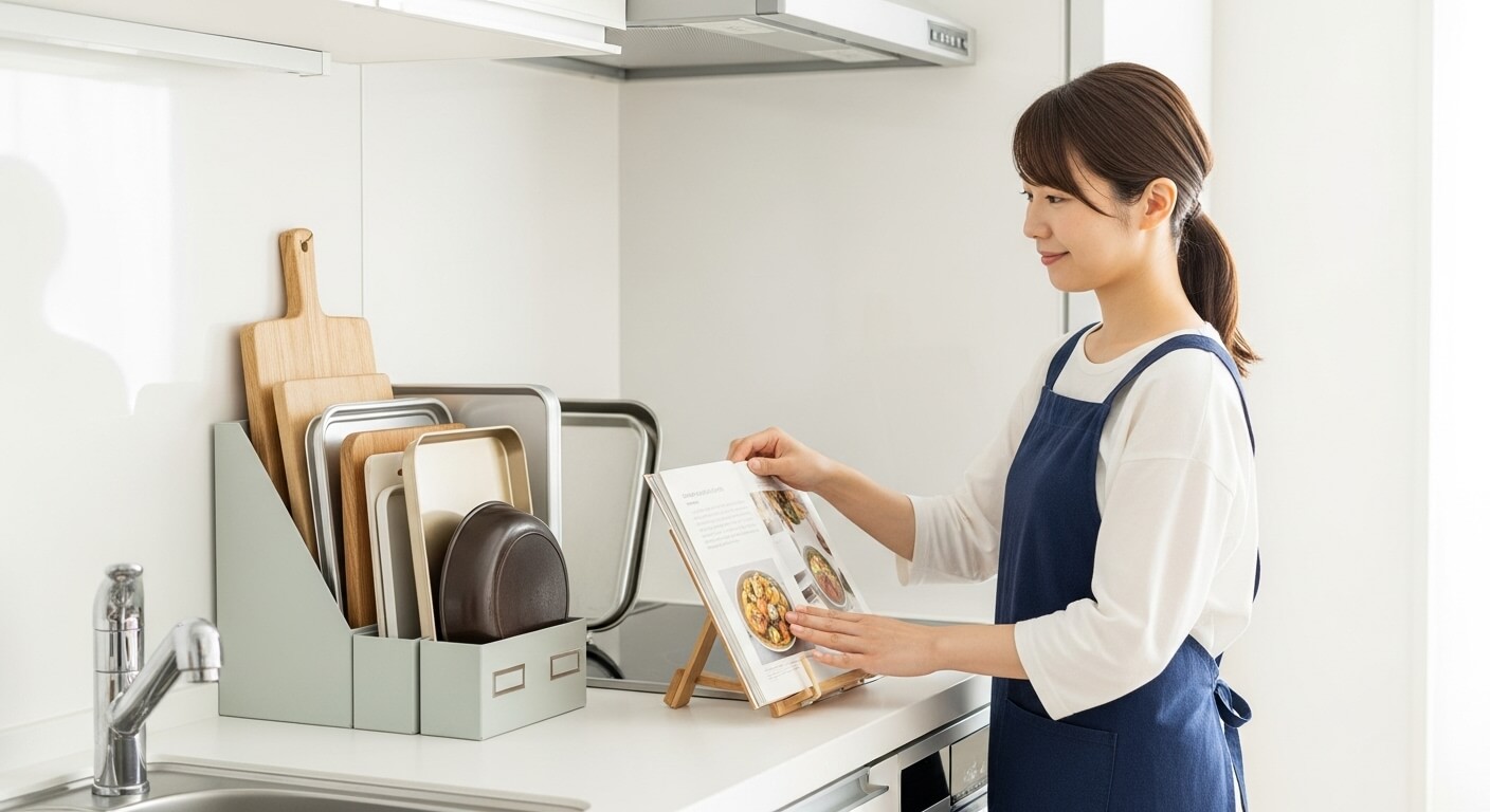 ファイルボックスを使って立てたトレイや鍋蓋