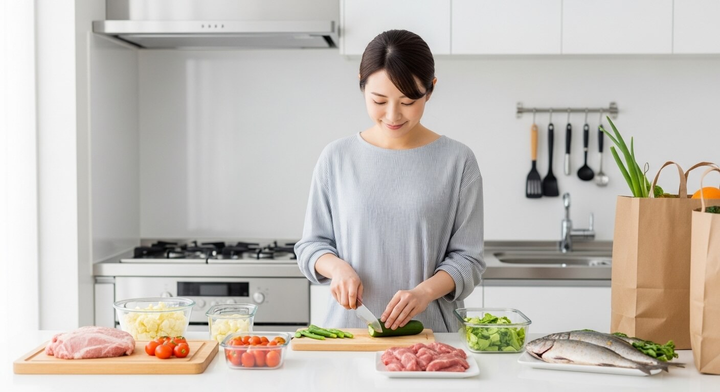 野菜や肉の下ごしらえをするキッチン作業台の様子