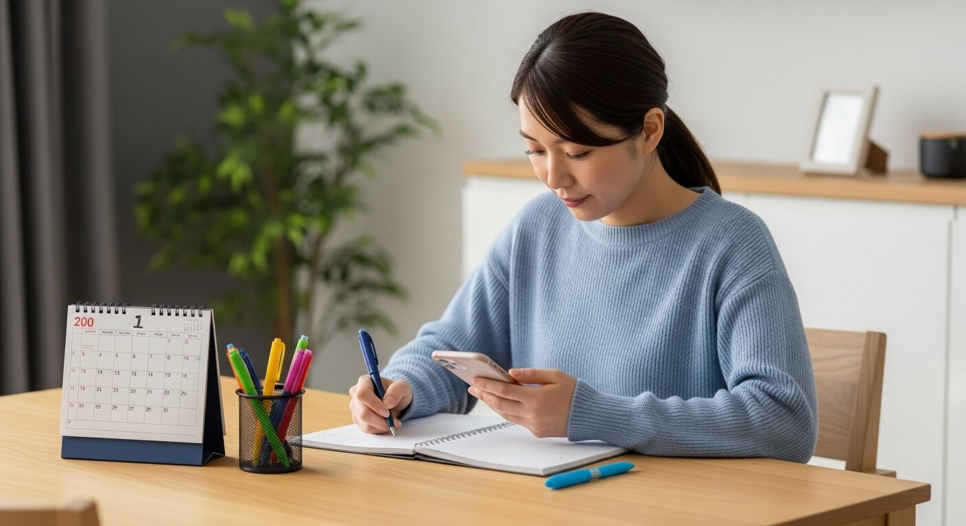 家事スケジュールを手帳やホワイトボードで確認している様子