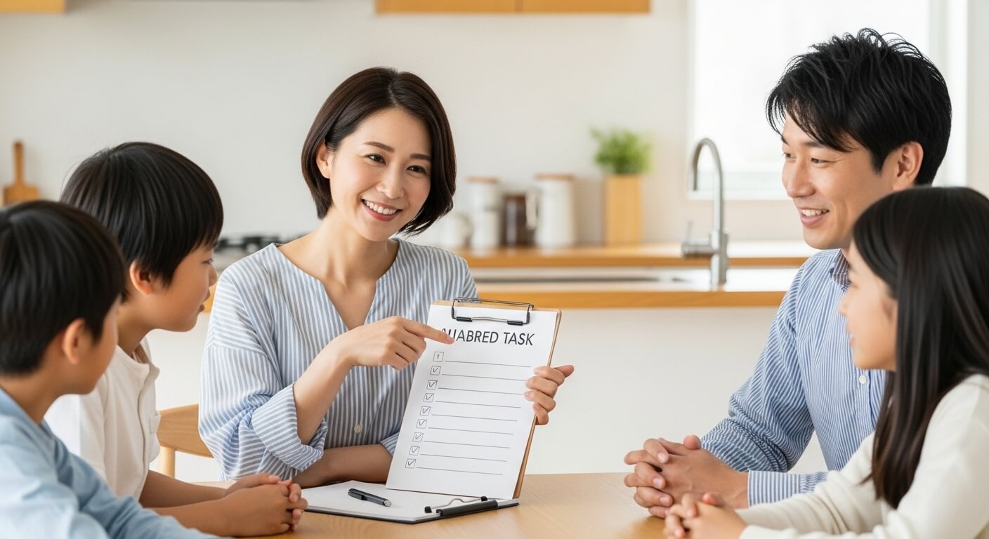 家族が役割分担を話し合っているリビングの様子