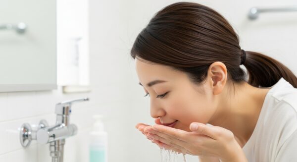 ぬるま湯で顔をやさしく洗っている様子