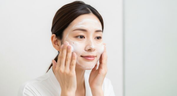 たっぷりの泡でやさしく洗顔している様子