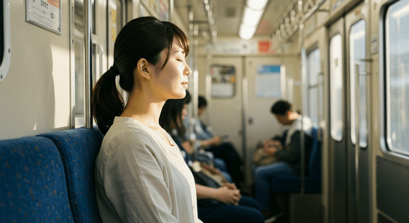 電車内で目を閉じて呼吸に集中する女性