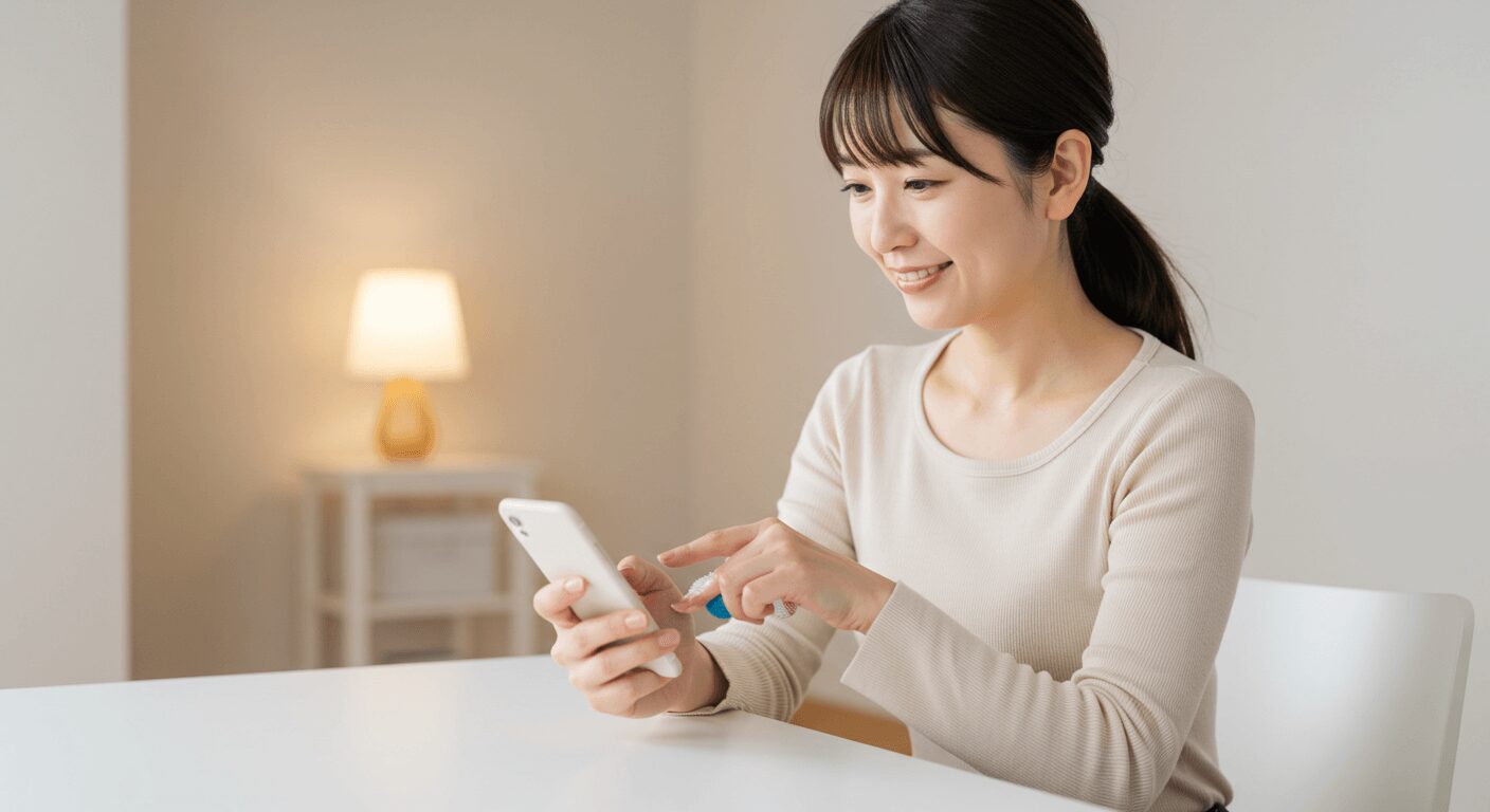 スマホを見ながら手のツボを押す女性