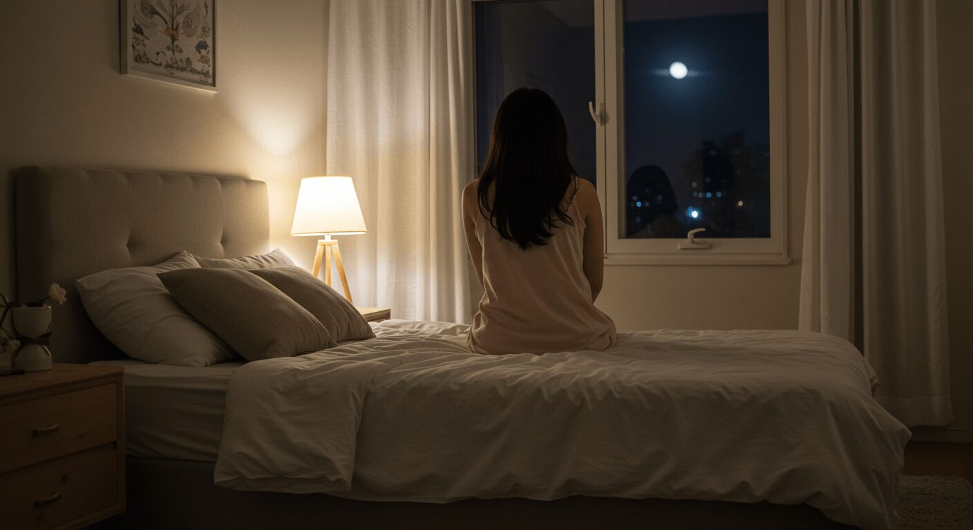 間接照明で心地よく過ごす寝る前の女性