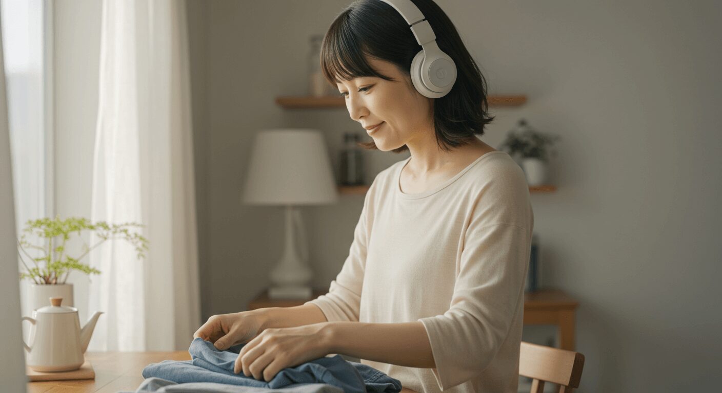 イヤホンで瞑想音楽を聴く女性