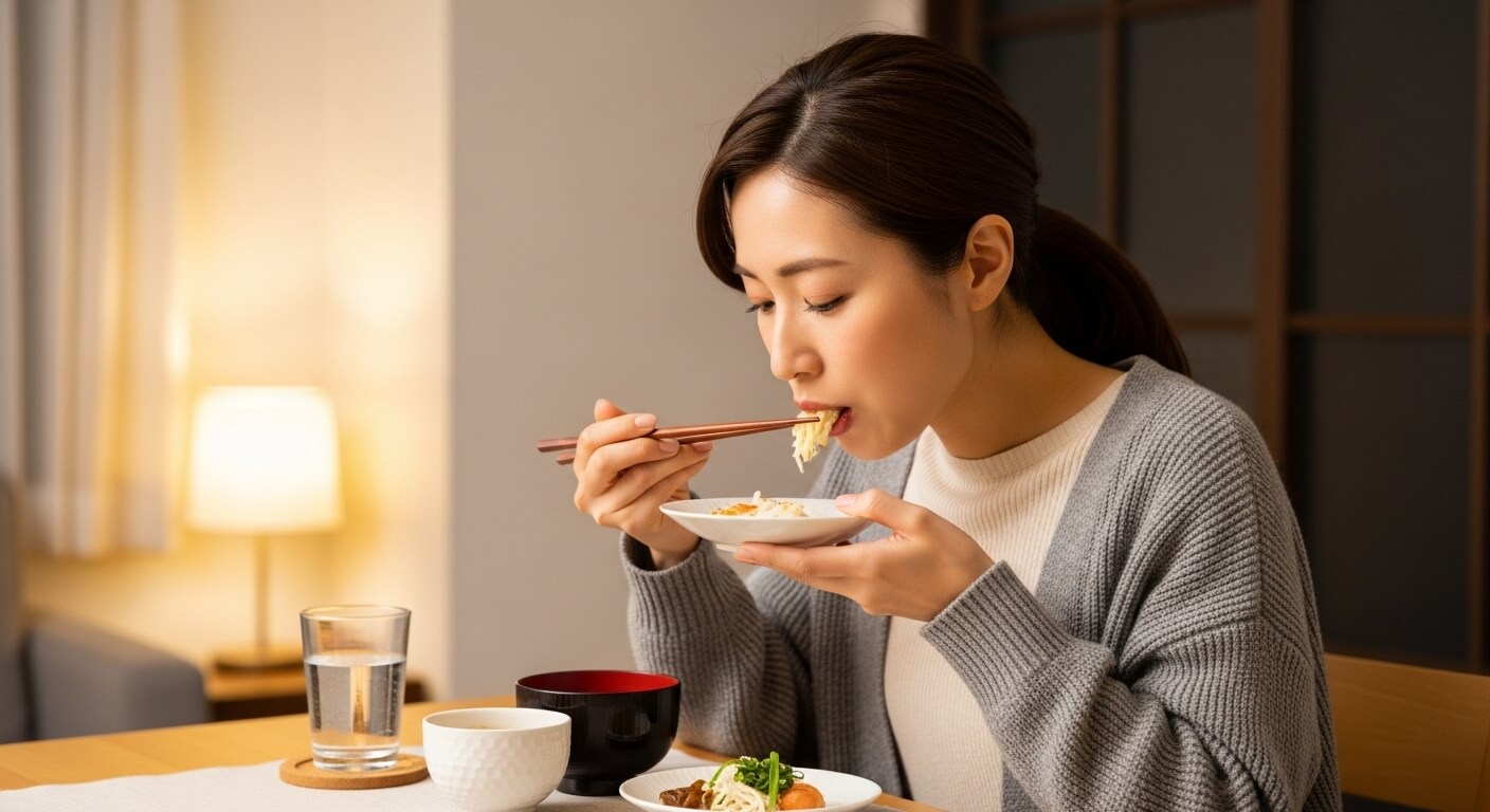 ゆっくりよく噛んで食事をする女性