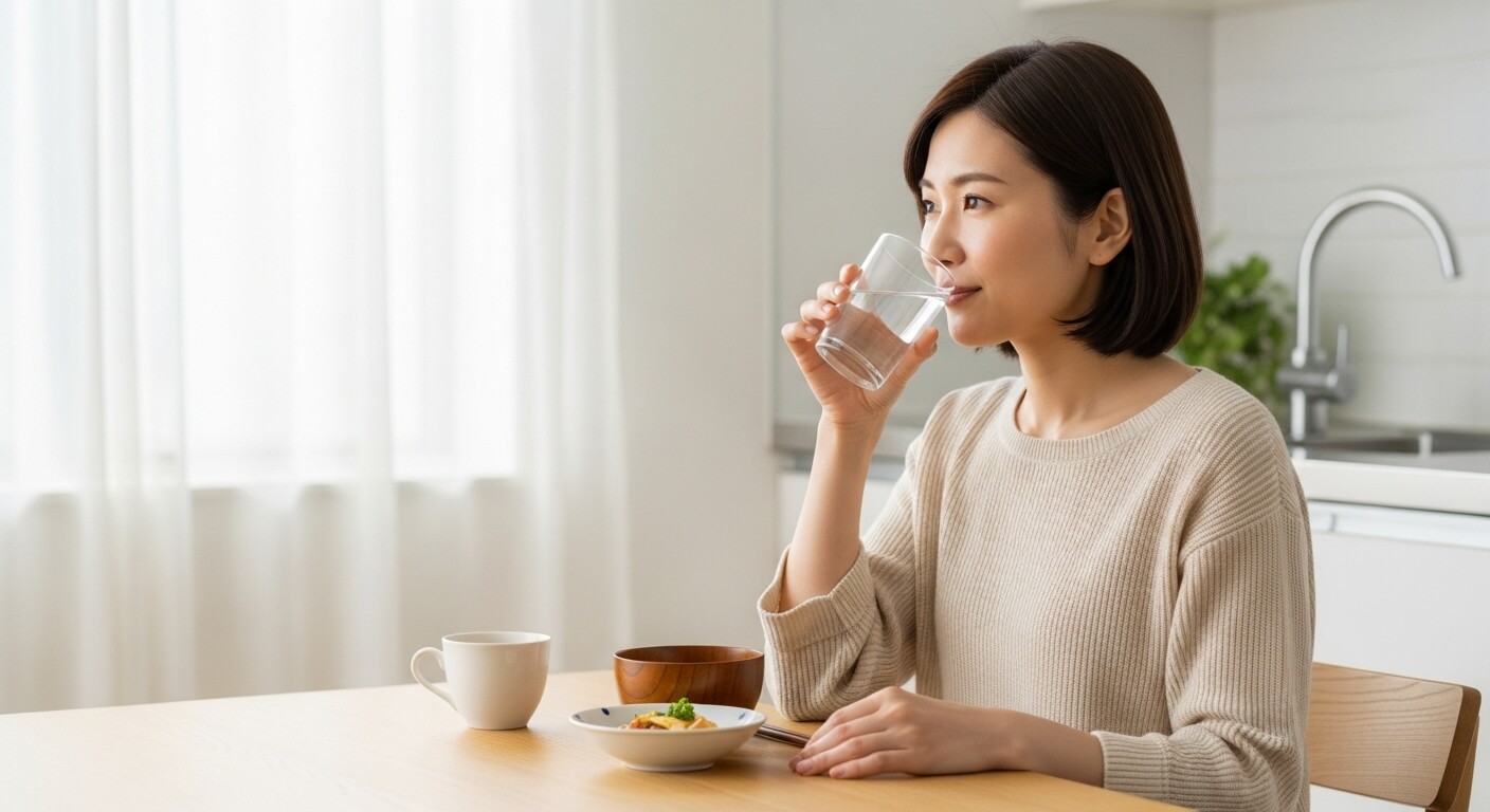 食前に白湯を飲む女性