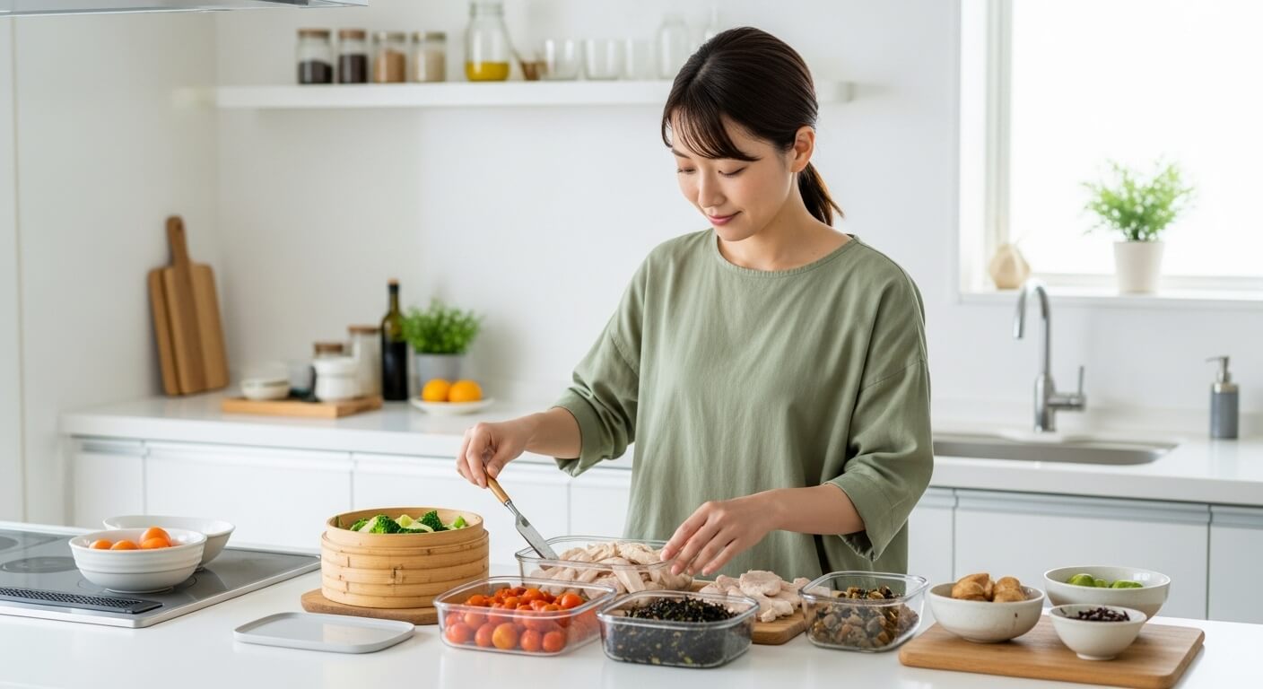 使い回せる作り置きのおかず例（鶏ハムや蒸し野菜）