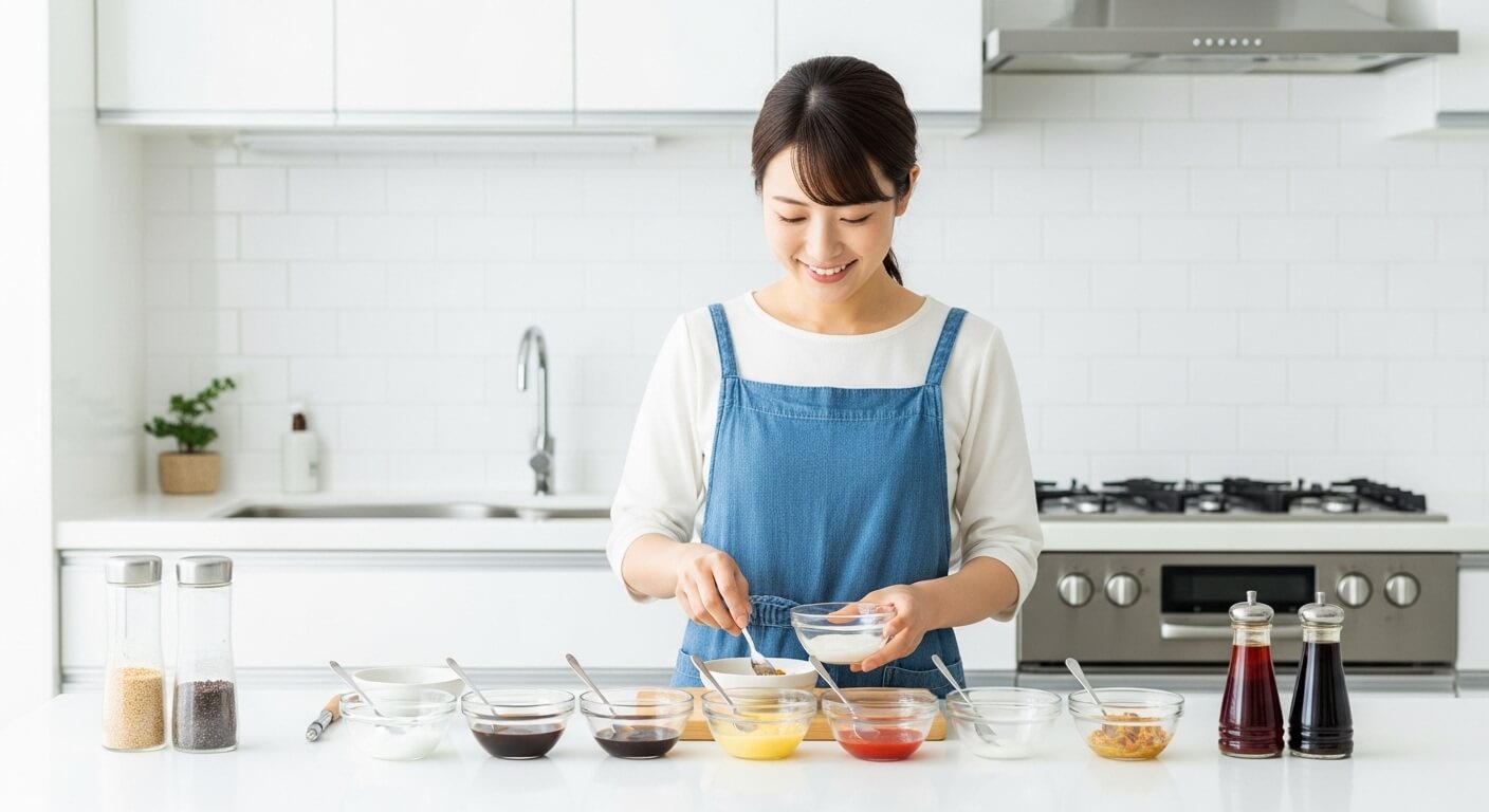 和洋中の味付け調味料が並ぶ調理台
