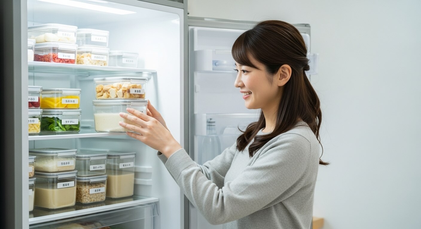 統一されたサイズの保存容器が並ぶ冷蔵庫