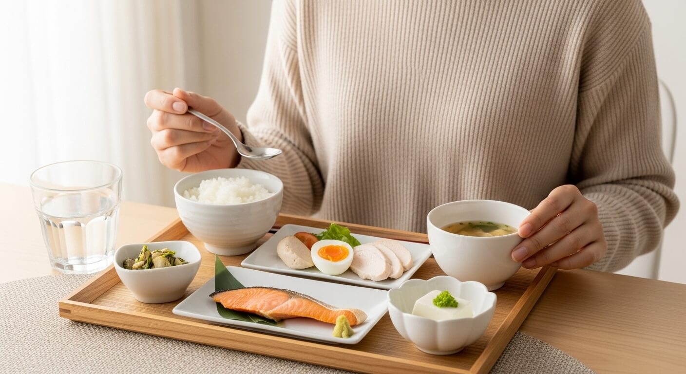 卵料理と納豆などのタンパク質豊富な朝食