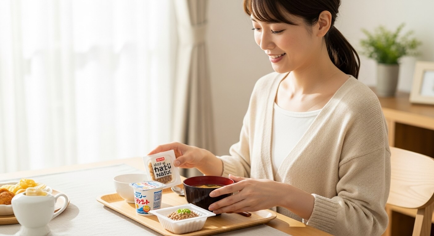 納豆や味噌汁が並ぶ和風発酵食品の朝食