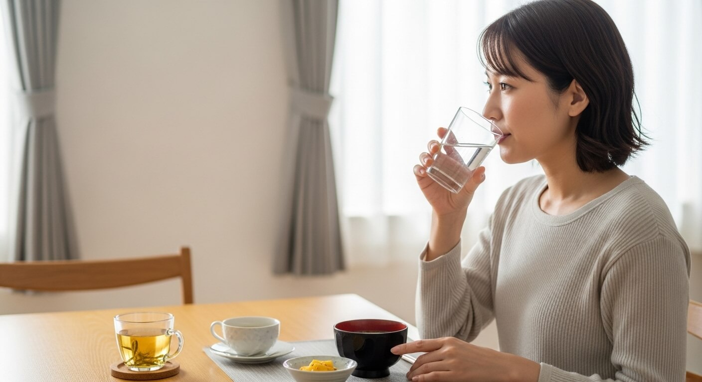 コップの水とハーブティーの朝の水分補給