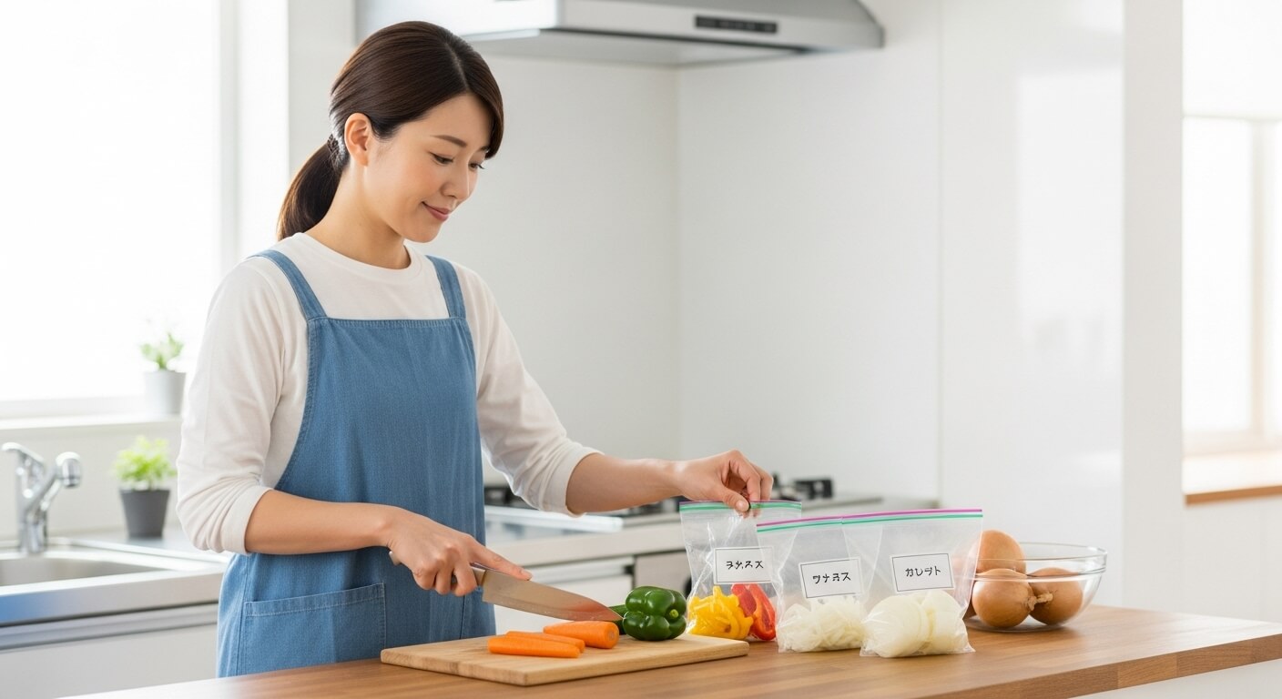 カット済み野菜を保存袋に入れて冷凍する様子