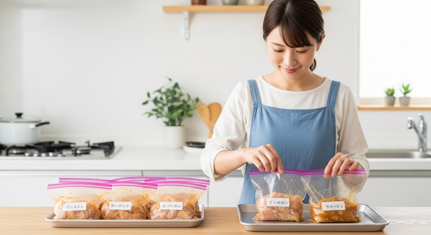 味付けした肉と調味液を保存袋に入れて揉み込んでいる様子