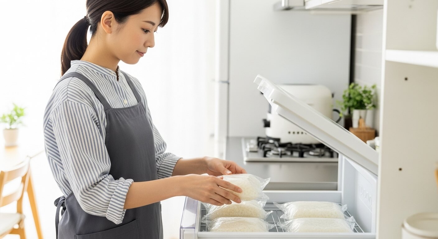炊きたてごはんをラップで小分けして冷凍保存している様子