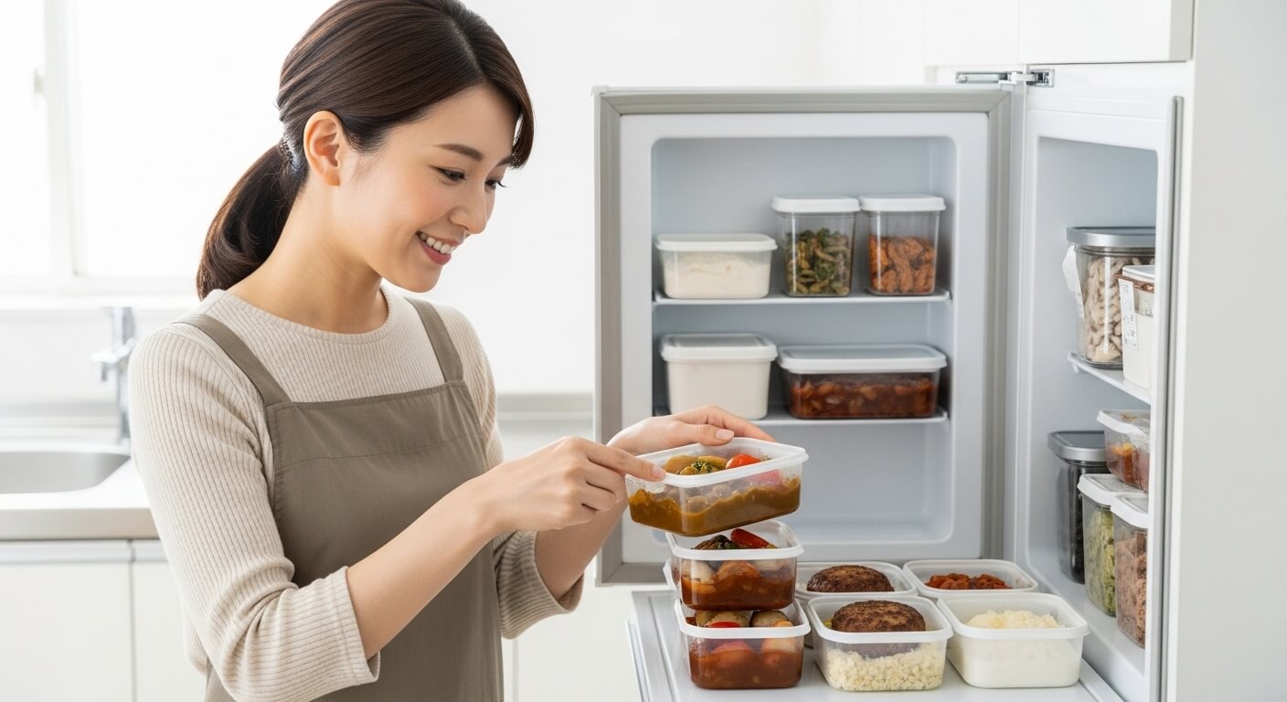 調理済みのおかずを冷凍容器に入れて保存する様子