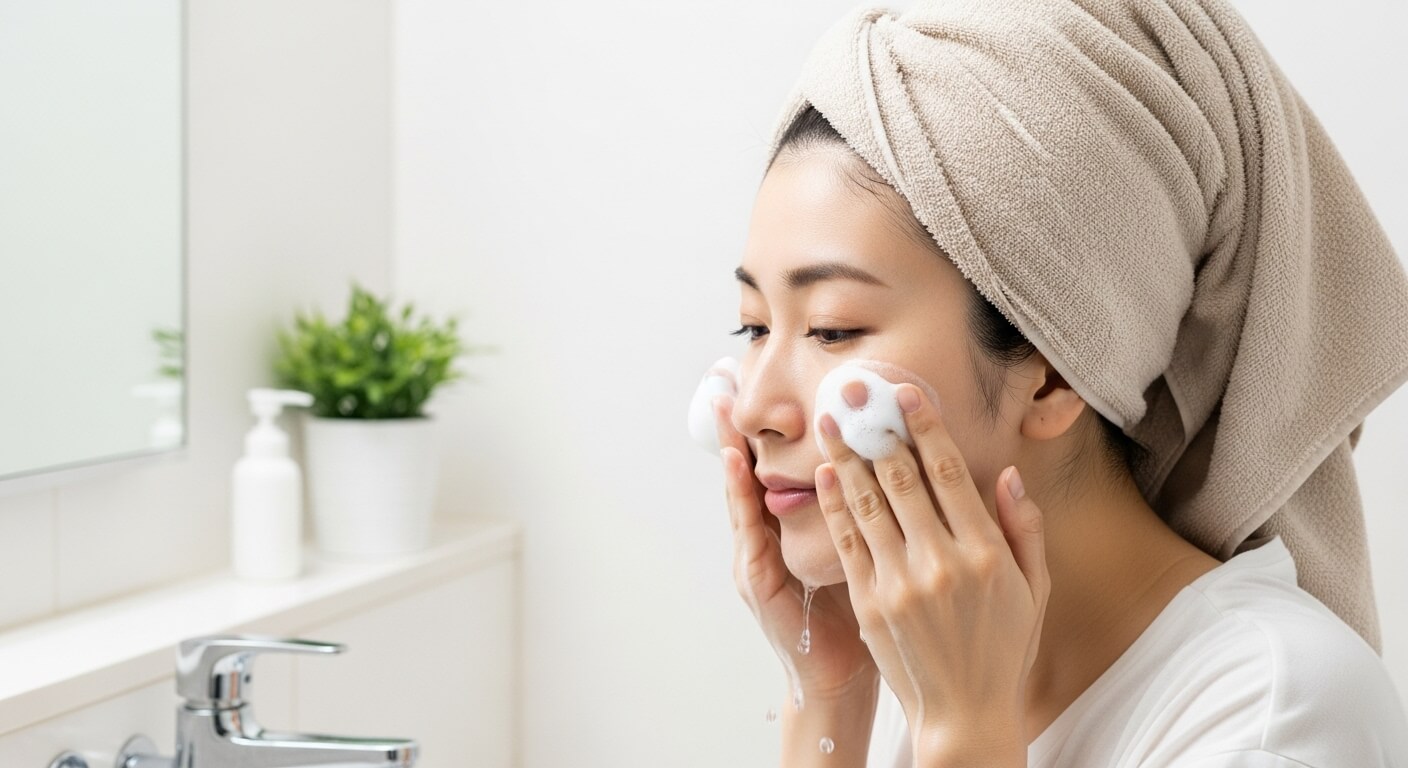 ぬるま湯で洗顔する様子