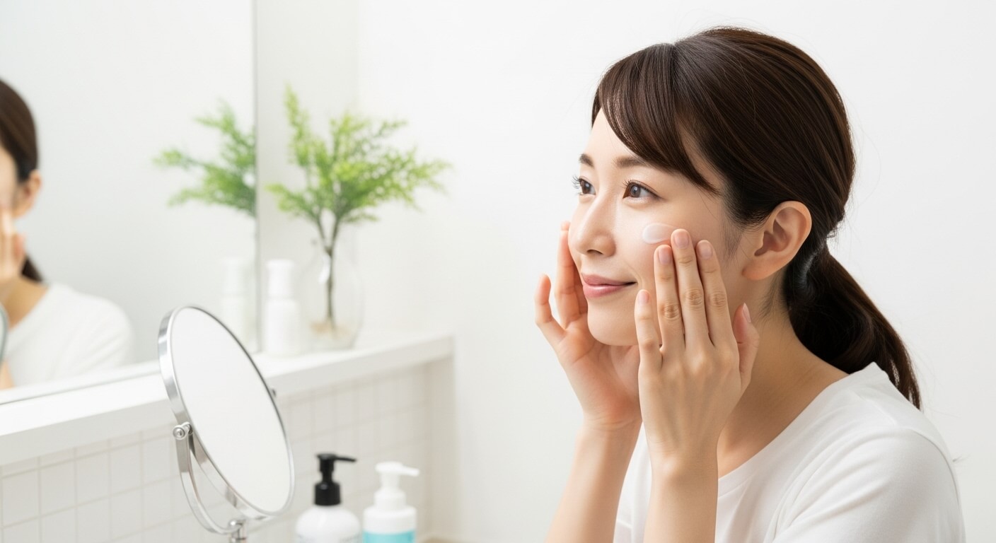 クリームを顔に塗る様子