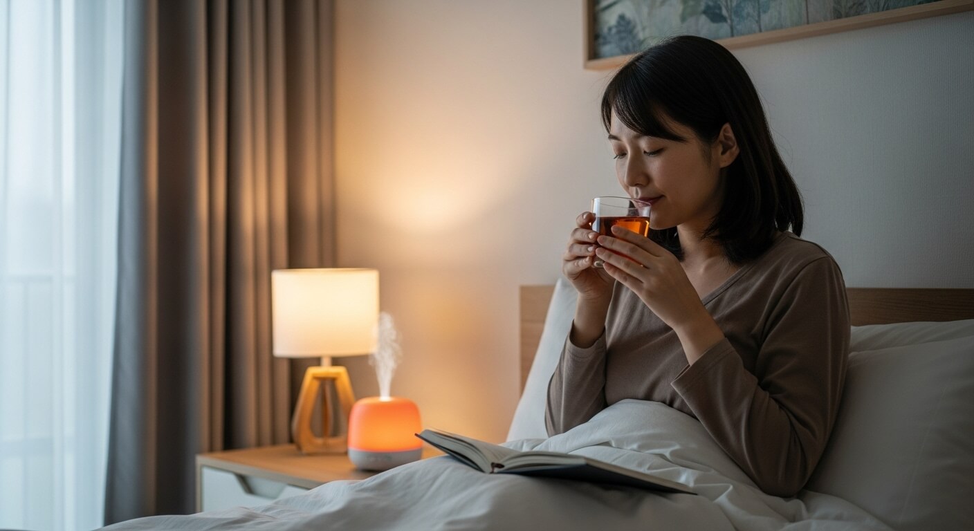 ナイトルーティンを過ごす女性（アロマや読書）