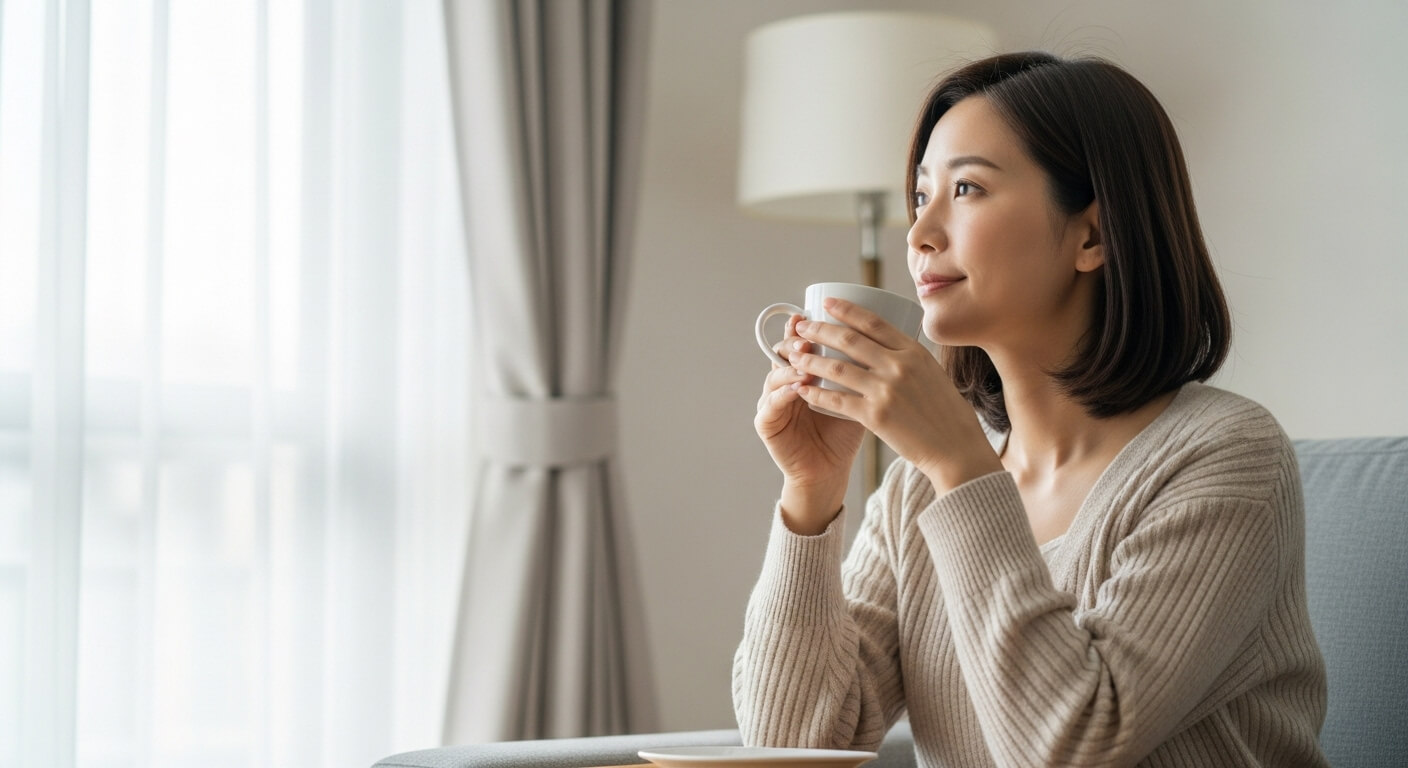 コーヒーを飲みながら休憩する様子