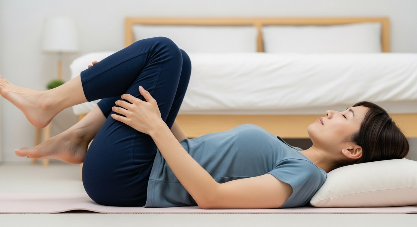 仰向けで膝を左右に倒す腰ひねりストレッチのイメージ画像