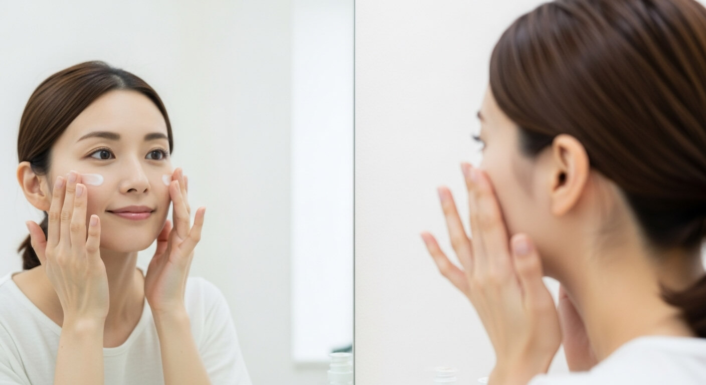 化粧水を丁寧につける日本人女性