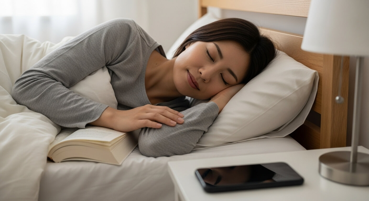 寝る前にスマホを置いて就寝準備をする女性