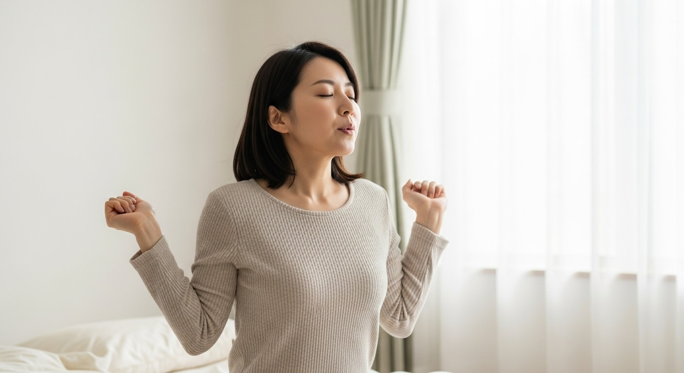 肩をすくめてリラックスするストレッチを行う女性