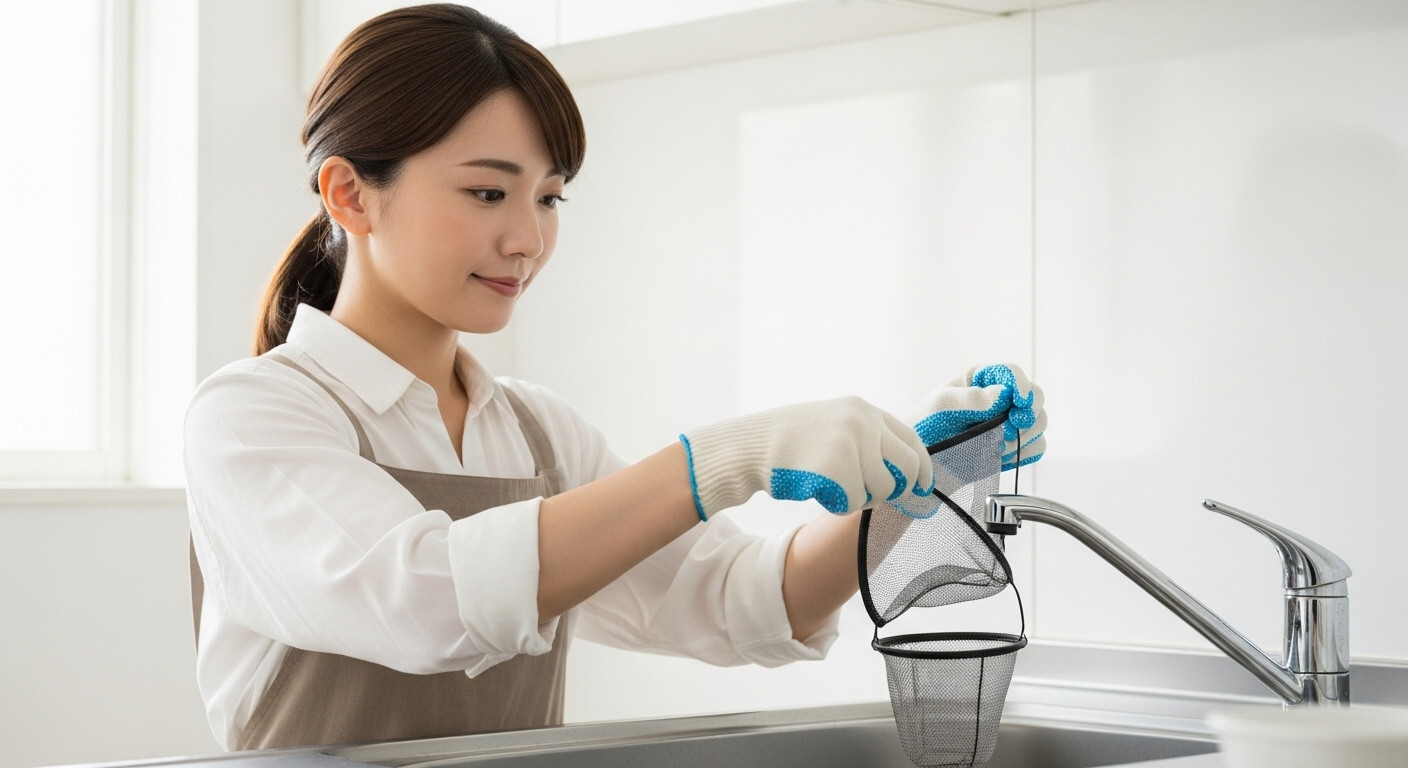 排水口ネットを取り替える手元の様子