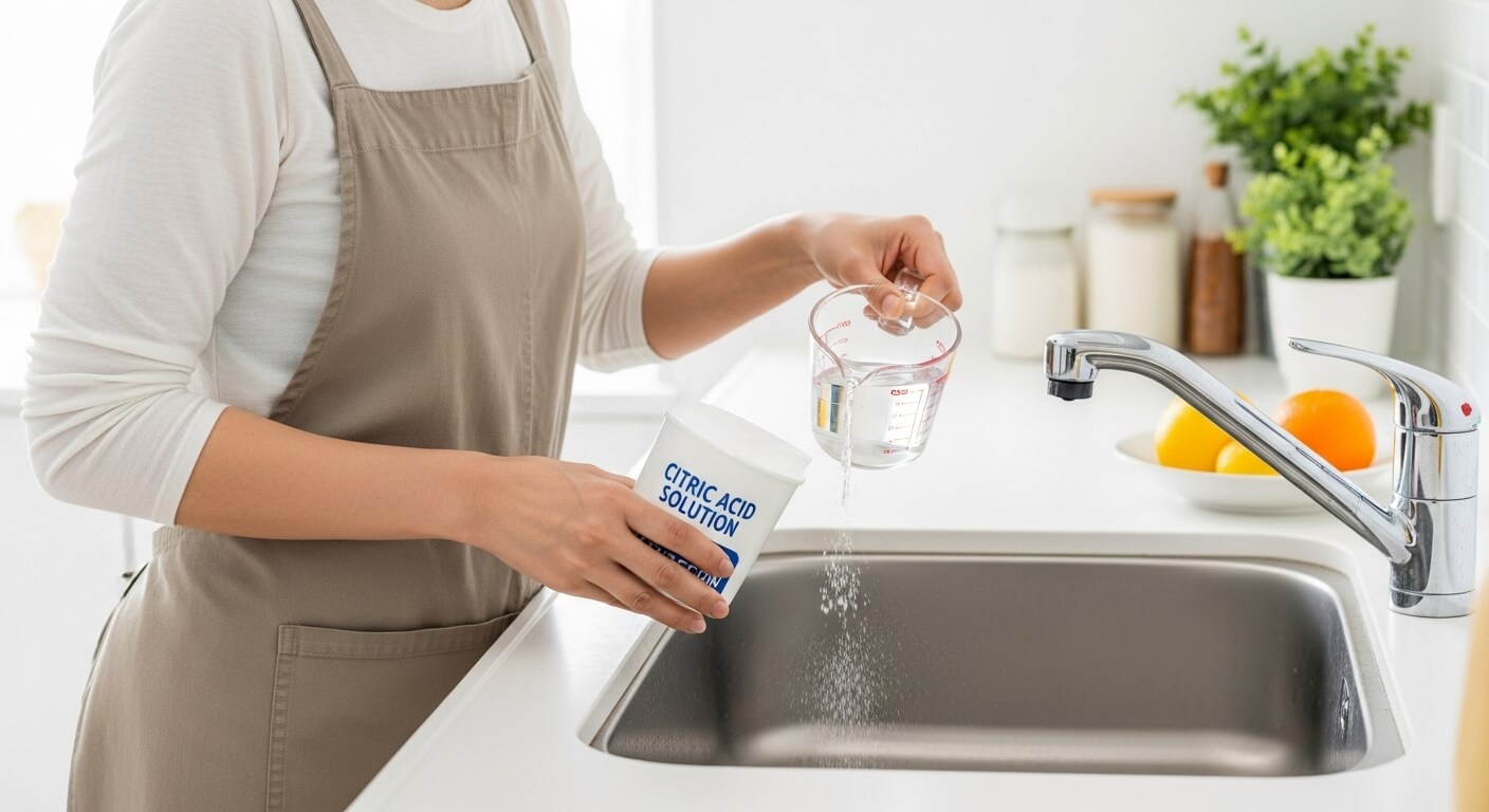 排水口に重曹とクエン酸を投入するシーン