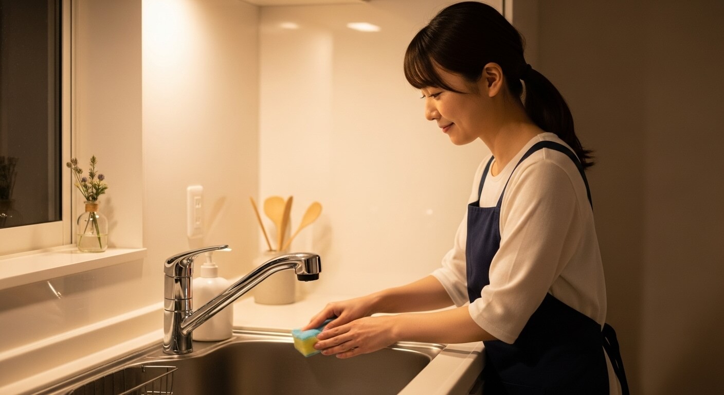 夜にシンクをスポンジで拭く様子
