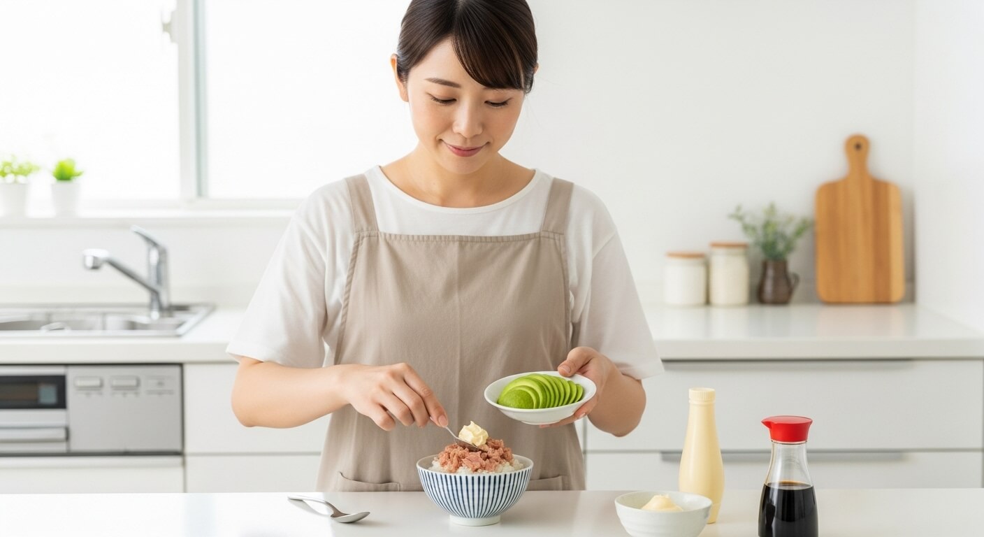 アボカドとツナを彩りよく盛り付けた丼のイメージ