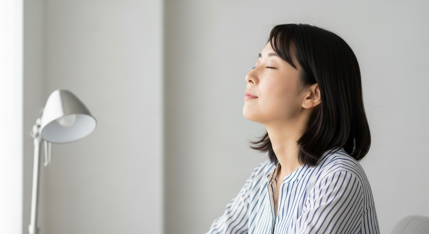 椅子で静かに目を閉じる女性