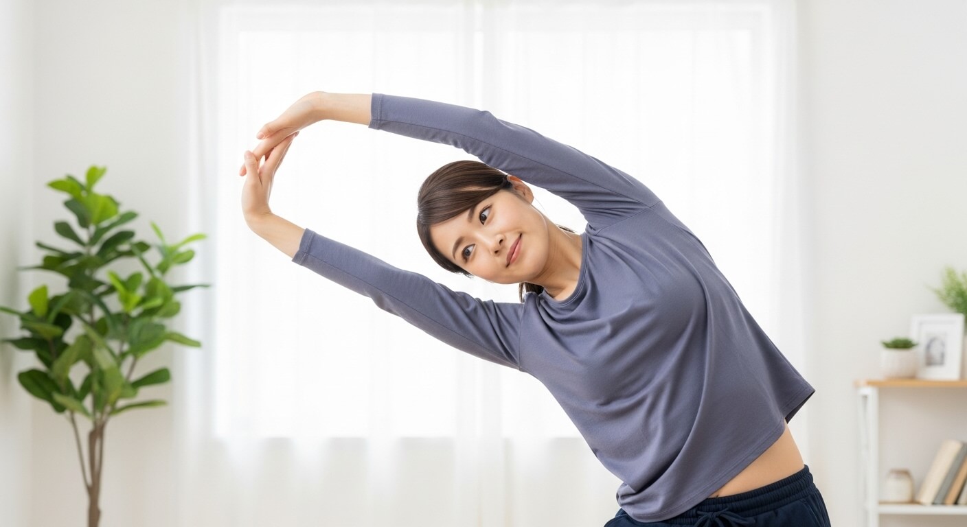 オフィスでストレッチする女性