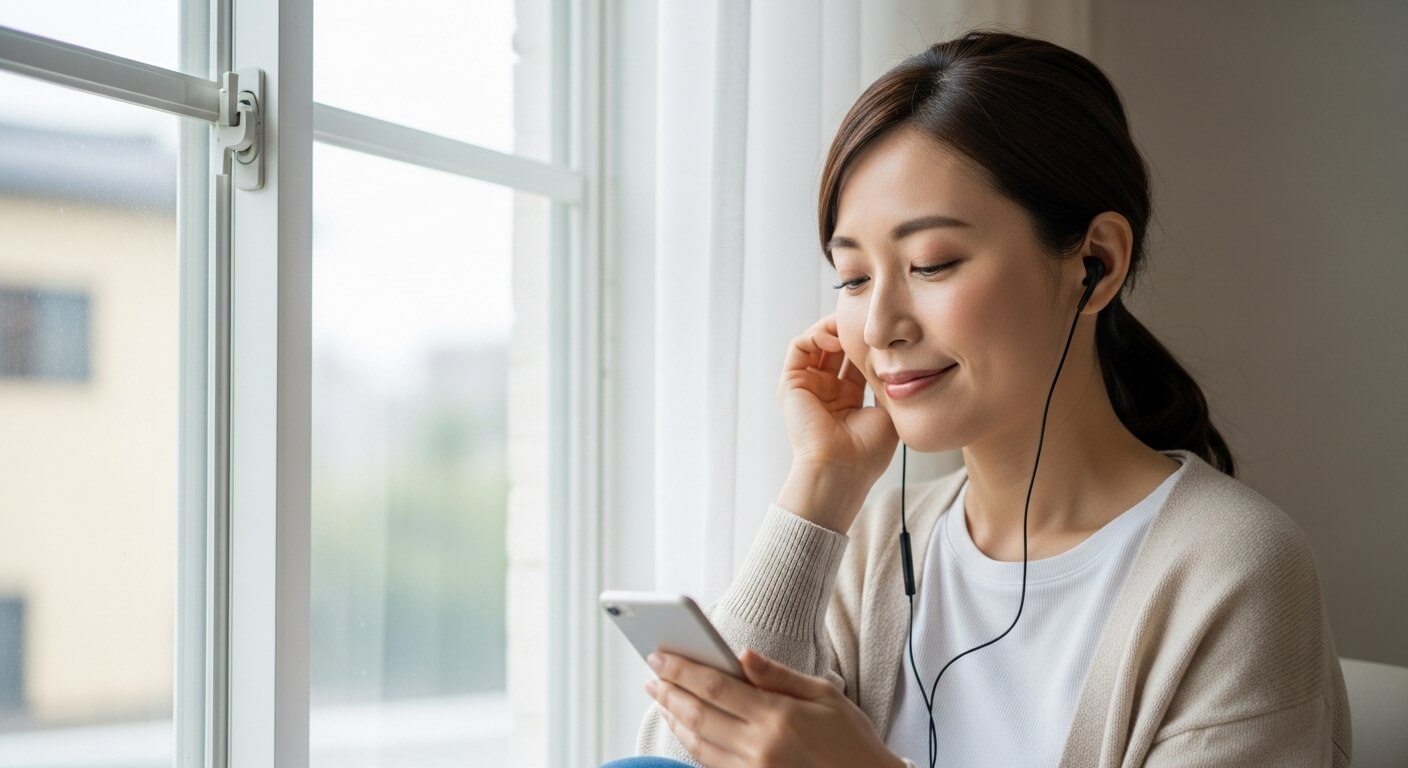 イヤホンで音楽を聴きながらリラックスする女性
