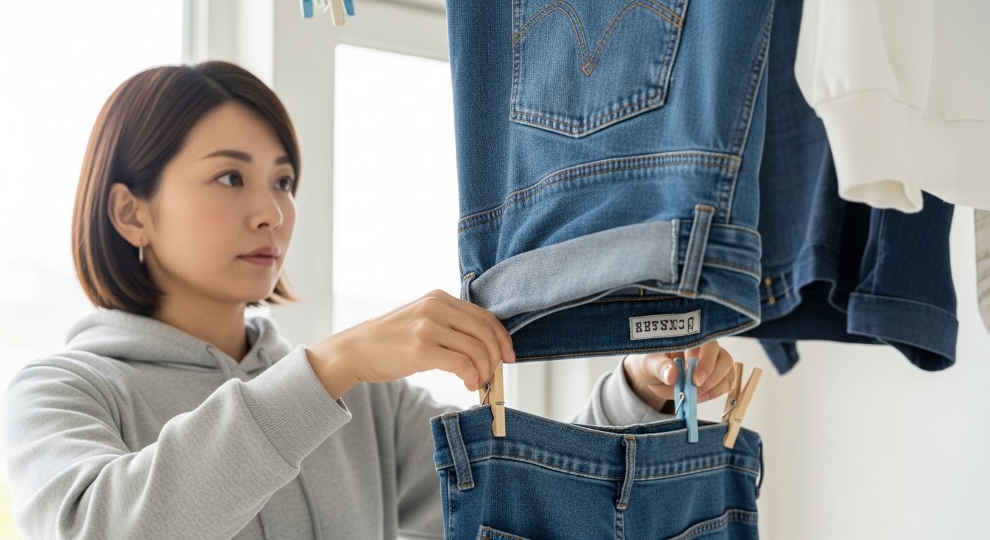 ズボンやパーカーを逆さにして干している様子