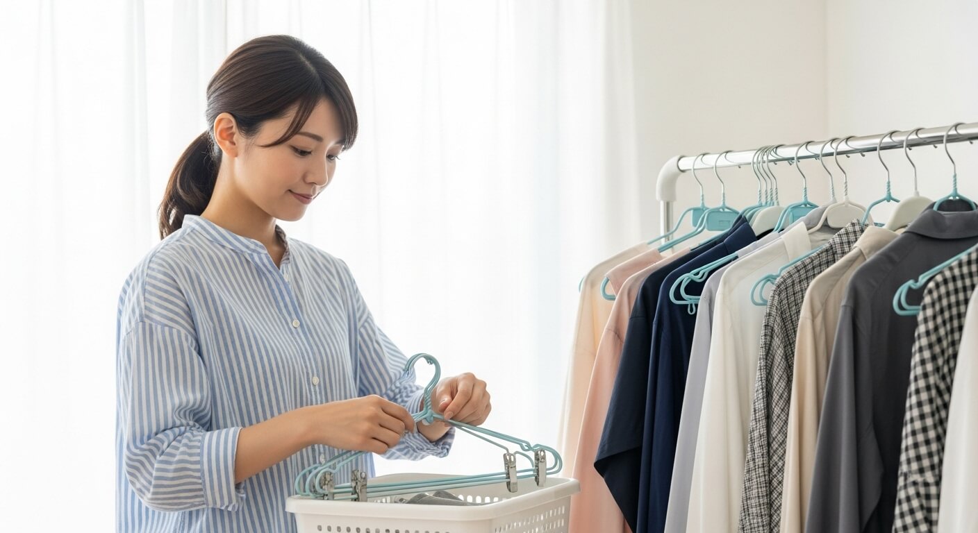 ハンガーやピンチハンガーを用意し、順番に干す様子