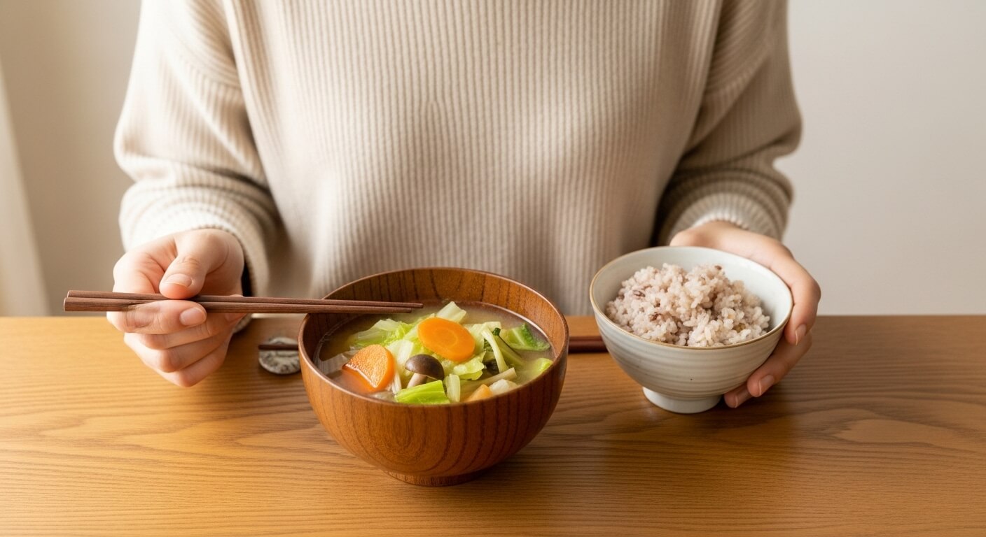 具だくさん味噌汁と雑穀米ごはんの和朝食