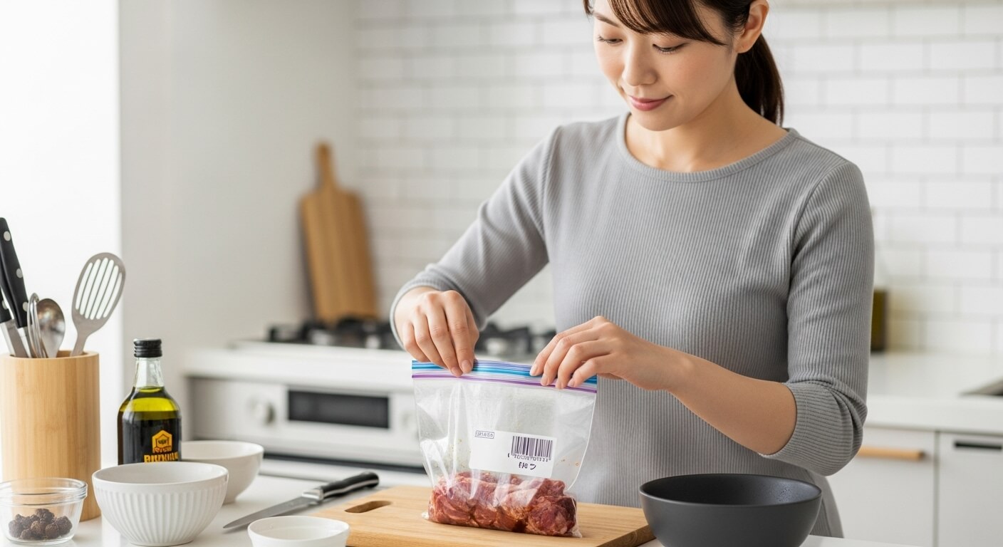 調味料と一緒にジッパー袋で冷凍された下味肉