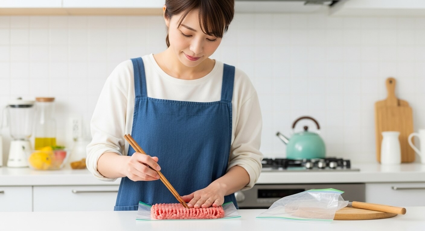 ミンチ肉を平らにして菜箸で筋をつけた保存法
