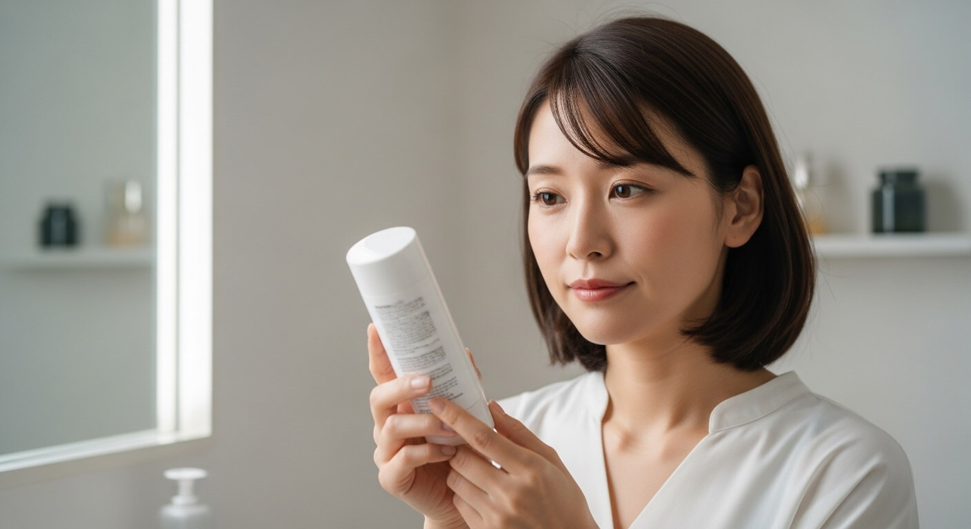 保湿成分のラベルを確認する女性