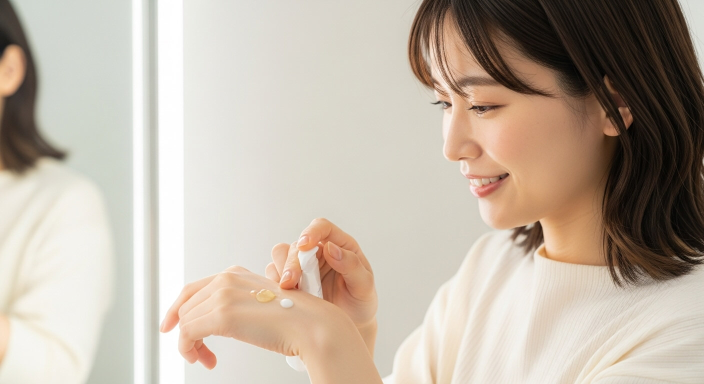 ジェルやクリームを手に取って試す女性