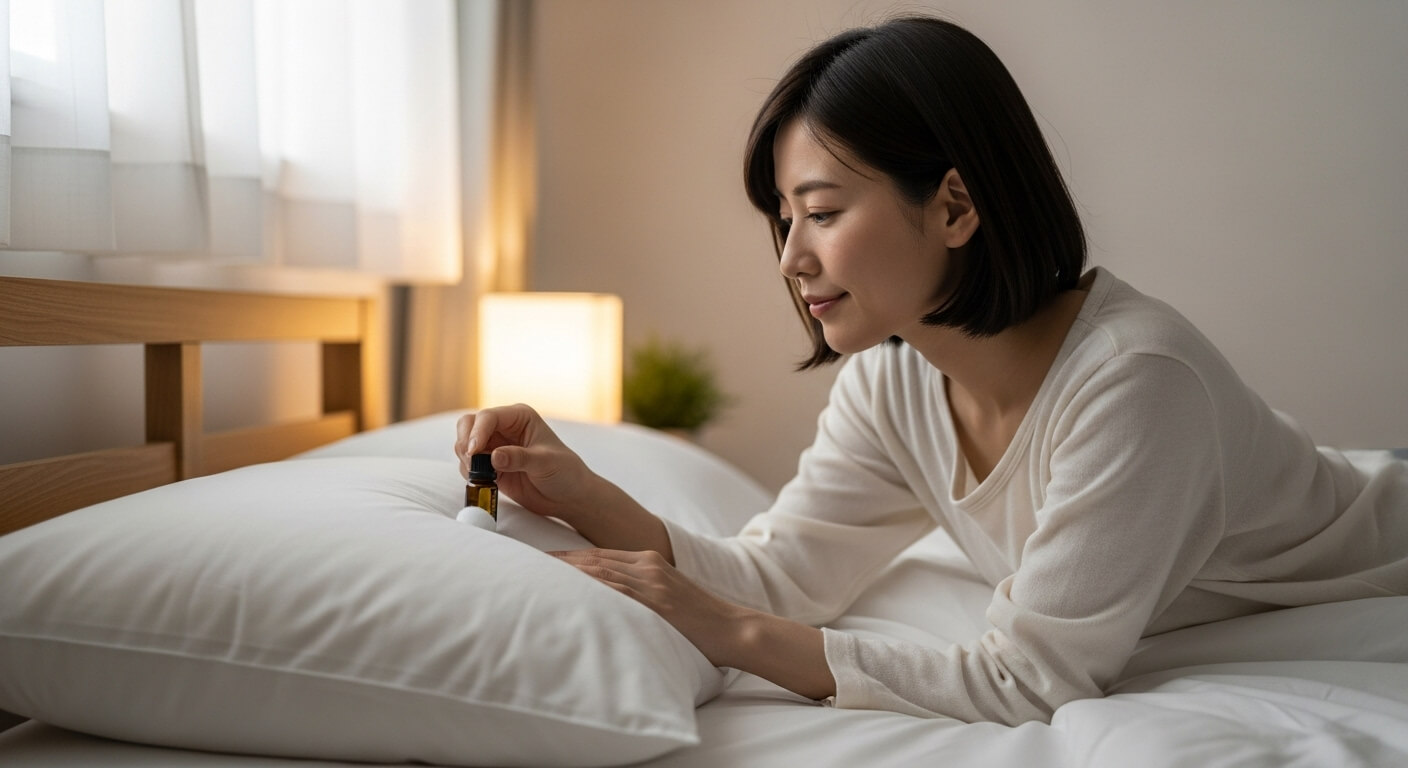 枕元にアロマを置いて快眠を促すシーン