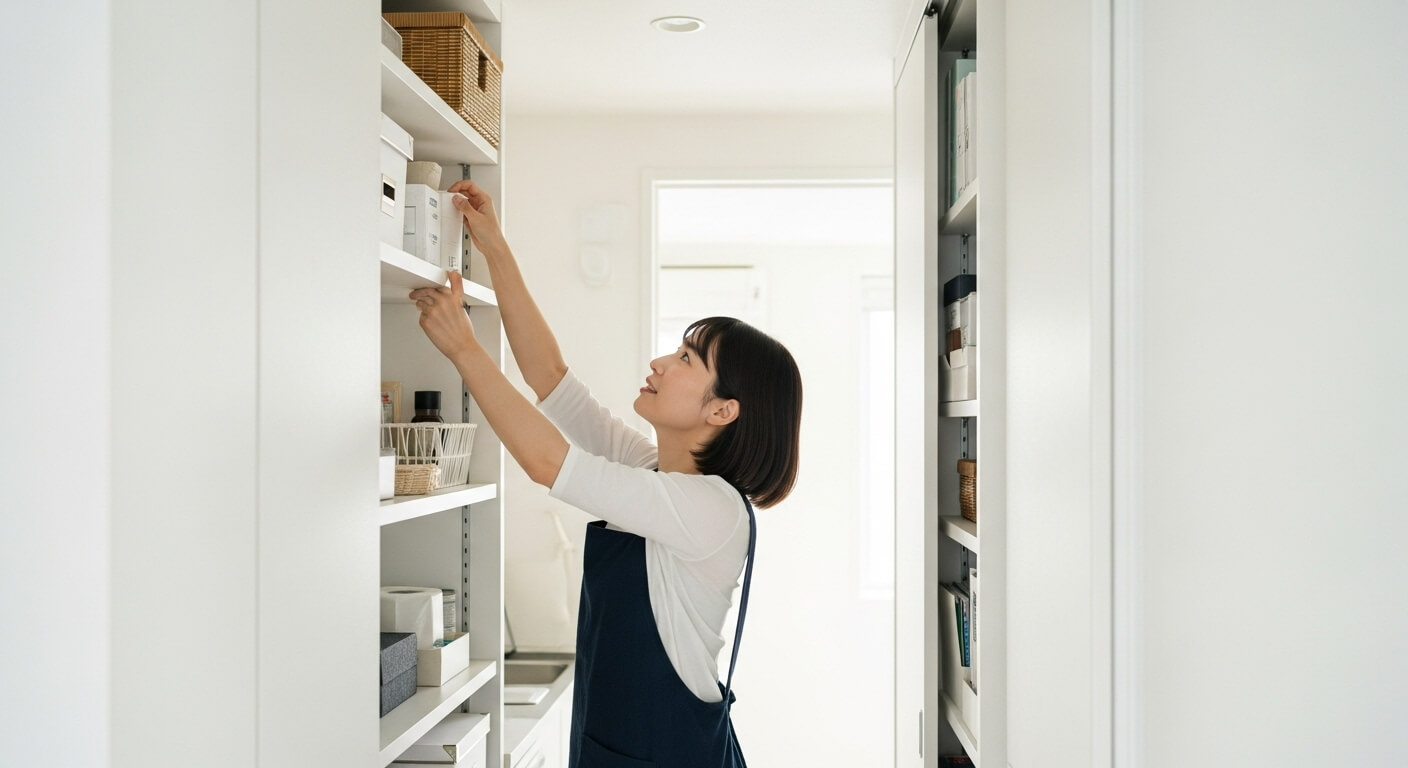 壁面を活用した吊り棚と縦型収納ラック